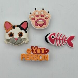Cat Lovers Shoe Charms Set 4 Paw Print Cat Face Fish Cat Person Accessory